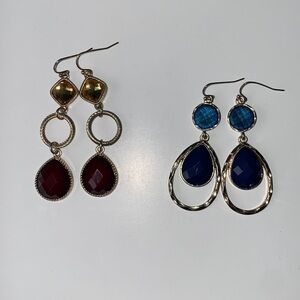 Two sets of earrings, gold, blue, red